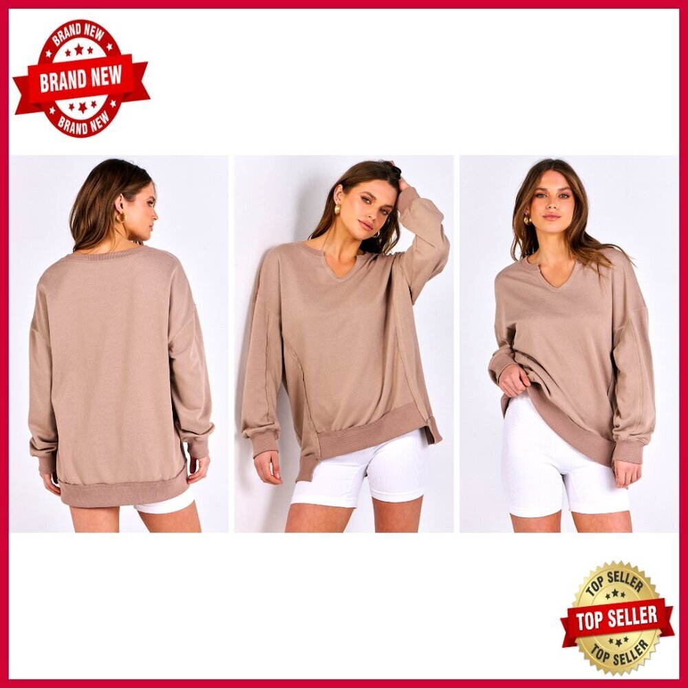 Oversized V-Neck Sweatshirt Tunic Pullover Long Sleeve Loose Fit - Picture 7 of 7
